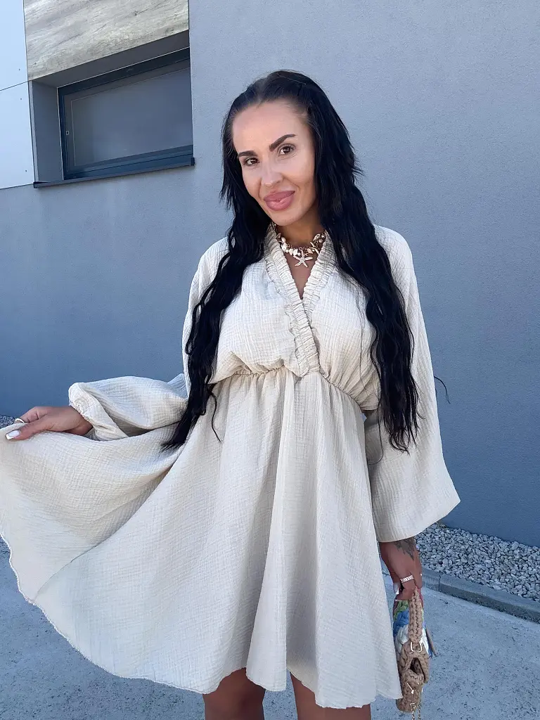 Béžové mušelínové asymetrické šaty BRIENNE - next