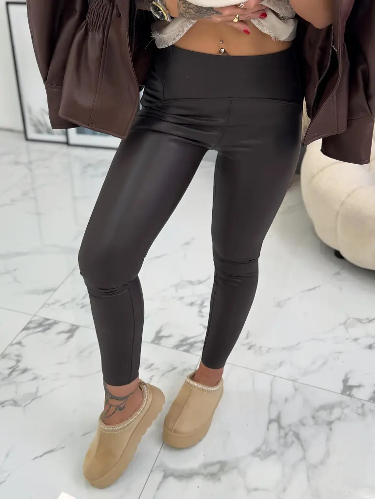 Hnedé koženkové legíny s vysokým pásom+