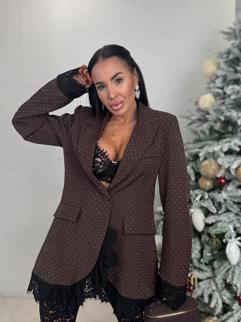 Hnedé trblietavé sako s čipkou SELINA