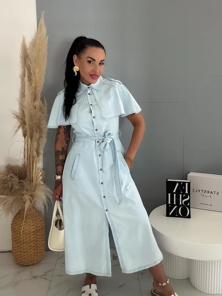 Dlhé denim šaty na gombíky s opaskom GRACE